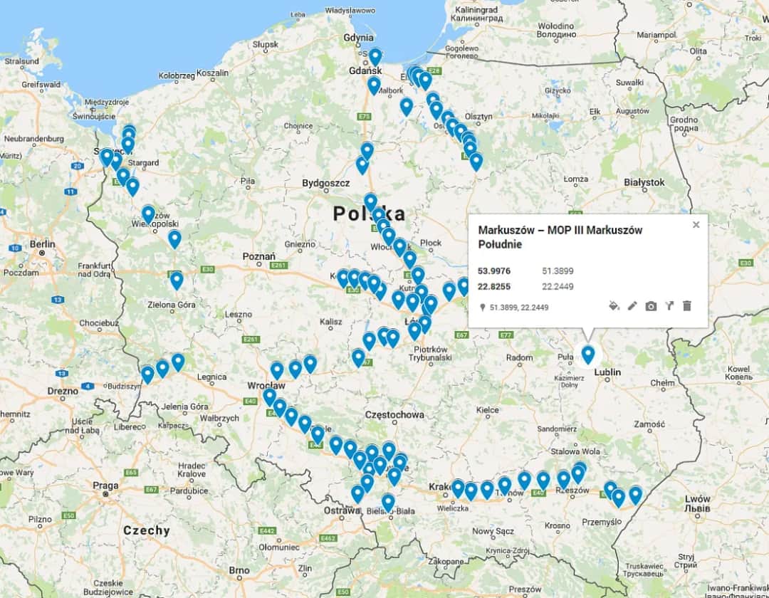 Mapy stacji ładowania samochodów elektrycznych Lokalizacje